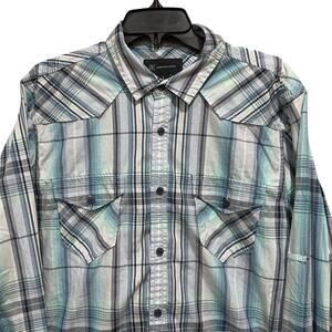 INC International Concepts Button Up Shirt Mens L Blue White Plaid Cotton Preppy